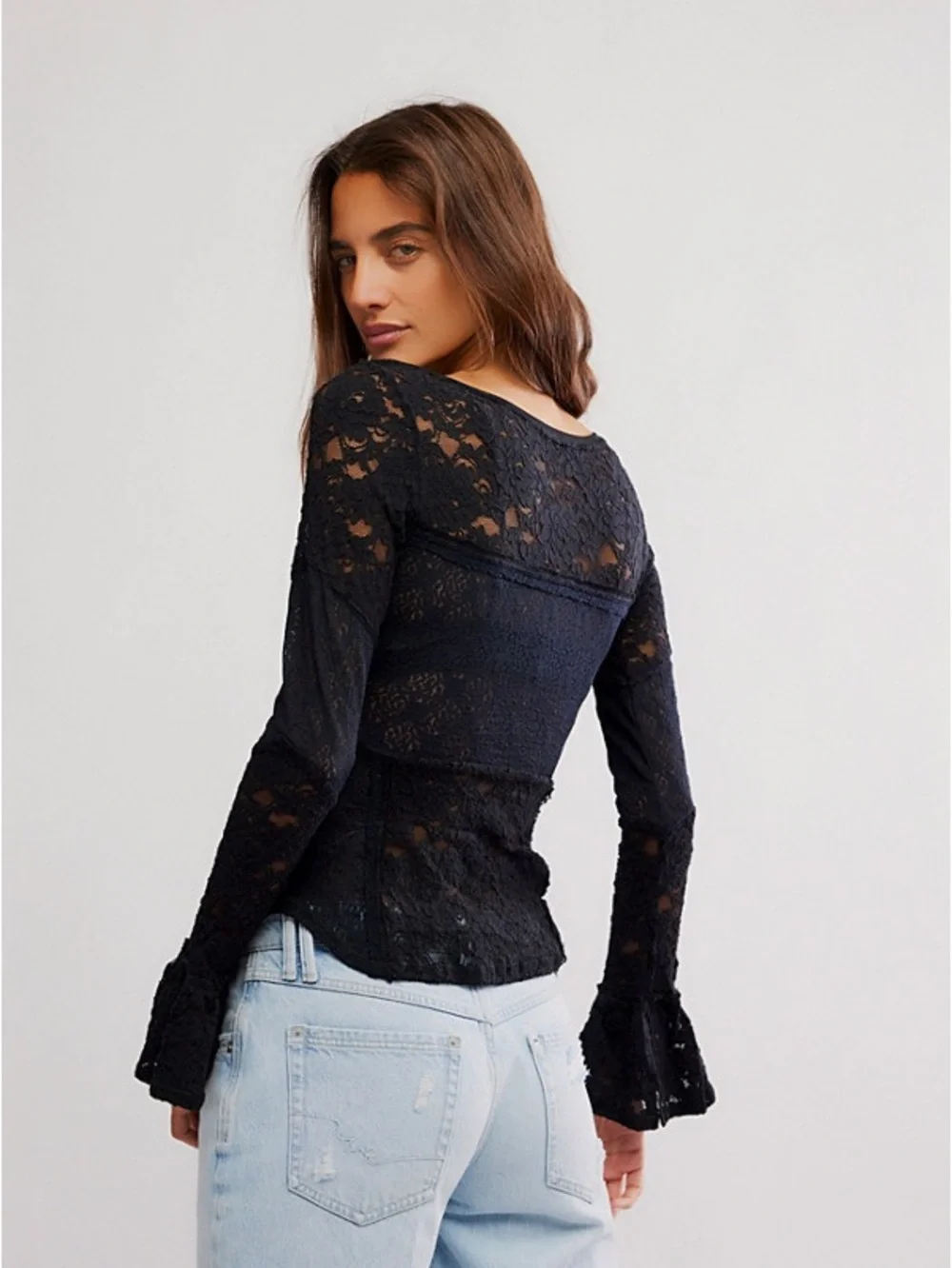 Free People Sheer Lace Flared Long Sleeve Top